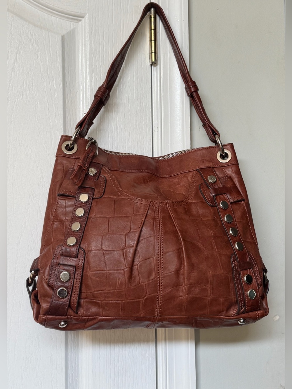 b. makowsky Brown Textured Leather Shoulder Bag with Stud Accents